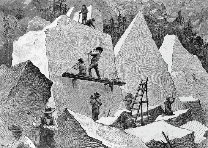 Framed Print : Illustration of Men Quarrying in Canyon Framed Print : Illustration of Men Quarrying in Canyon