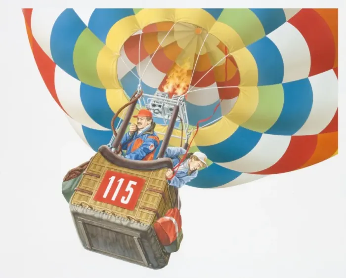 Framed Print : Illustration, two men standing in basket of rising hot-air balloon, one talking into radiophone, the other one looking down, low angle view Framed Print : Illustration, two men standing in basket of rising hot-air balloon, one talking into radiophone, the other one looking down, low angle view