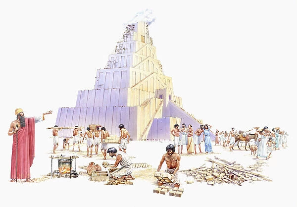 Illustration of Mesopotamian King Nimrod standing near slaves constructing the Tower of Babel