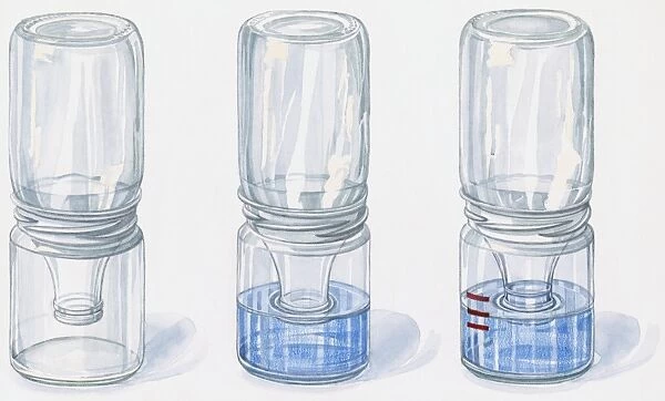 Illustration of three milk bottles turned upside down in glass jars used as barometers to forecast pressure