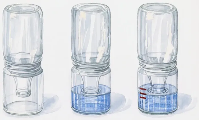 Framed Print : Illustration of three milk bottles turned upside down in glass jars used as barometers to forecast pressure