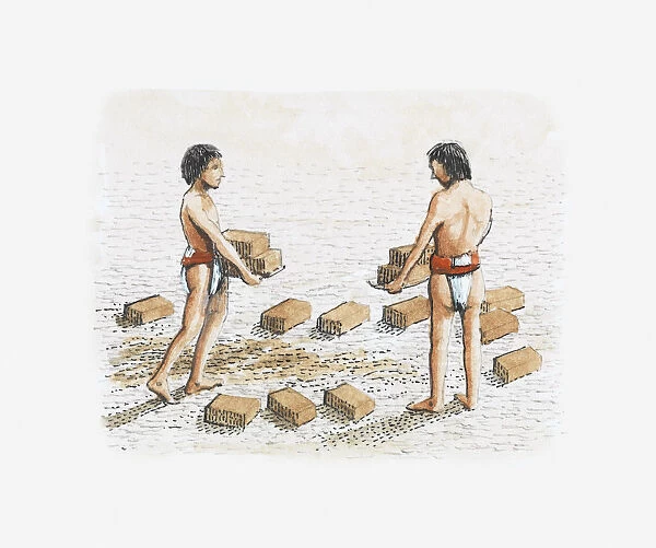 Illustration of Moche people constructing temple-pyramid using adobe bricks