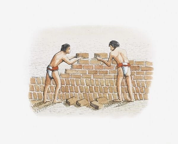 Illustration of Moche people constructing temple-pyramid using adobe bricks