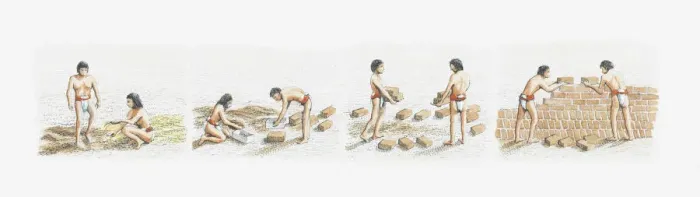 Framed Print : Illustration of Moche people constructing temple-pyramid using adobe bricks Framed Print : Illustration of Moche people constructing temple-pyramid using adobe bricks