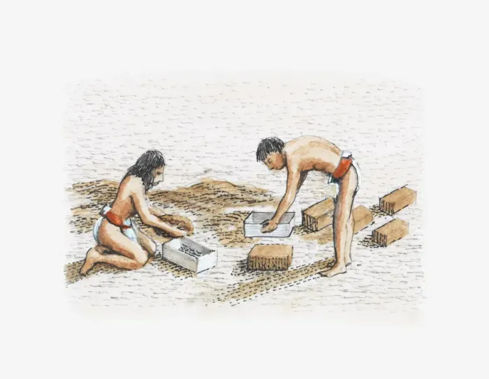 Framed Print : Illustration of Moche people constructing temple-pyramid using adobe bricks Framed Print : Illustration of Moche people constructing temple-pyramid using adobe bricks