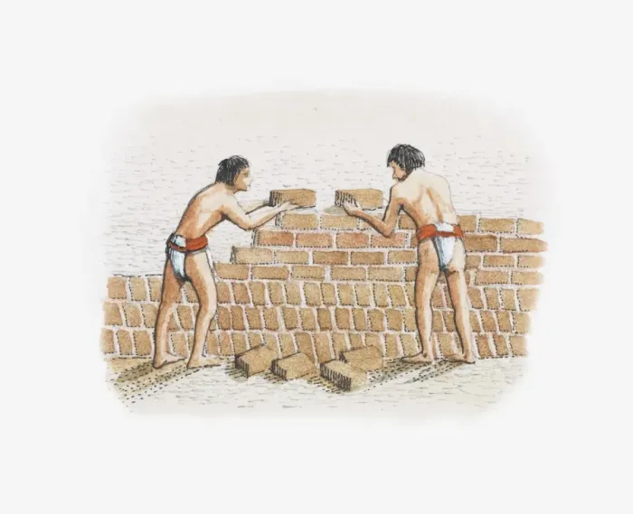 Framed Print : Illustration of Moche people constructing temple-pyramid using adobe bricks Framed Print : Illustration of Moche people constructing temple-pyramid using adobe bricks