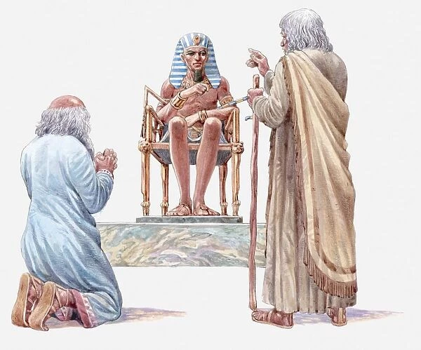 Illustration of Moses and Aaron talking to Pharaoh, asking him to release the Isrealites, Book of Exodus