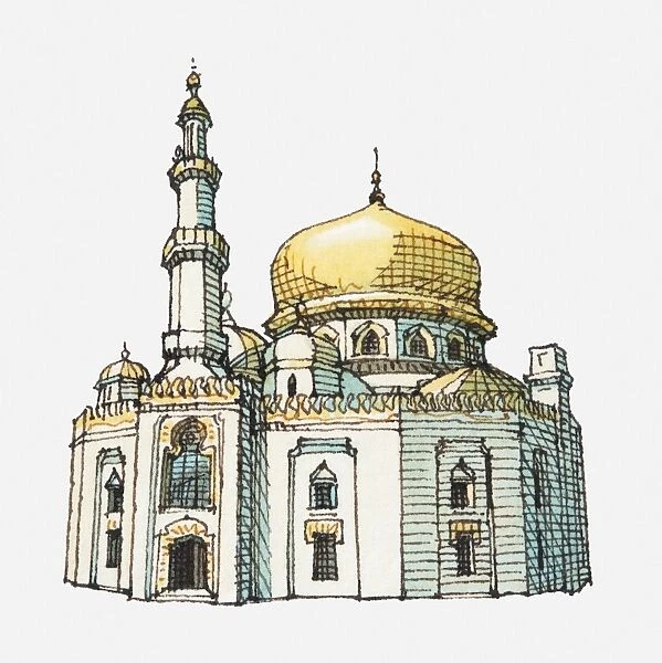 Illustration of mosque with gold onion dome and minaret
