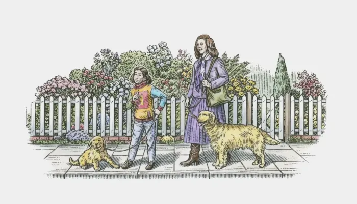 Framed Print : Illustration of mother and daughter walking adult dog and puppy on pavement Framed Print : Illustration of mother and daughter walking adult dog and puppy on pavement