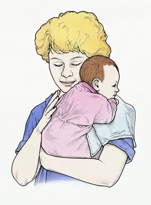 Framed Print : Illustration of mother gently winding baby Framed Print : Illustration of mother gently winding baby