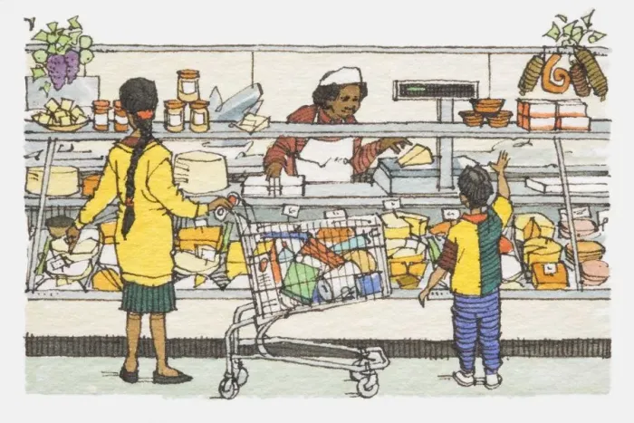 Framed Print : Illustration, mother and son being served standing in front of supermarket meat and cheese counter Framed Print : Illustration, mother and son being served standing in front of supermarket meat and cheese counter