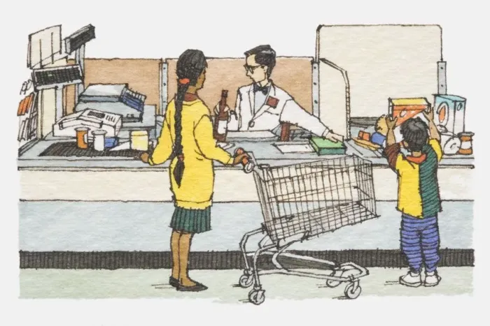 Framed Print : Illustration, mother and son standing at supermarket checkout counter with emptied trolley Framed Print : Illustration, mother and son standing at supermarket checkout counter with emptied trolley