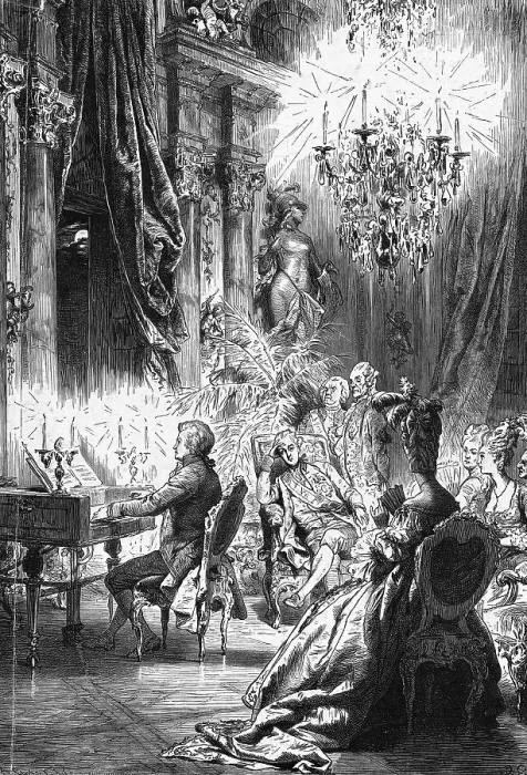 Framed Print : Illustration of Mozart Playing for Emperor Joseph Framed Print : Illustration of Mozart Playing for Emperor Joseph