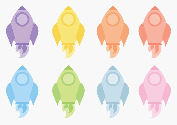 Illustration of multi coloured space rocket icons