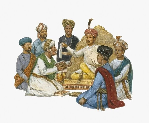 Illustration of Muslims, Zoroastrians, Hindu pandits and yogis discuss their religious beliefs