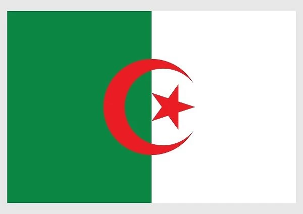 Illustration of national flag of Algeria, with two equal green and white vertical bands, and red star and crescent in centre