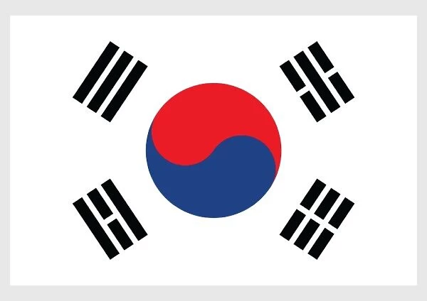 Illustration of national flag and civil ensign of South Korea, with red and blue taegeuk in centre, and four black trigrams in each corner on white field