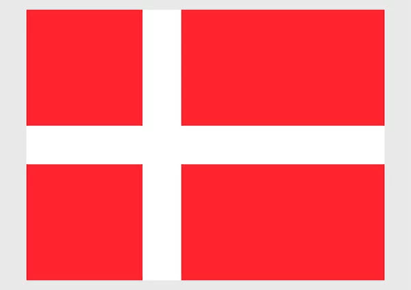 Illustration of national flag of Denmark, with white Scandinavian cross extending to edges of red field