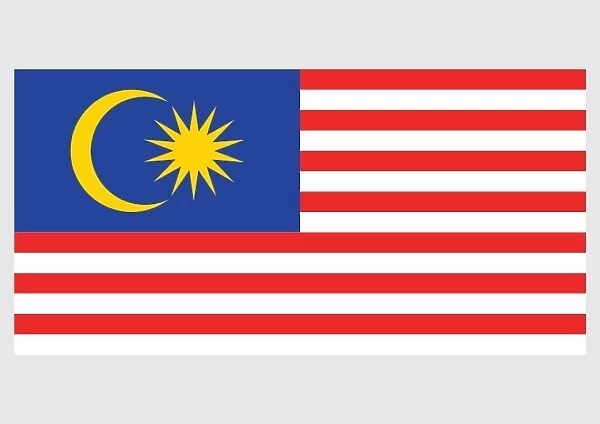 Illustration of national flag of Malaysia, with field of 14 alternating red and white stripes and blue canton bearing crescent and 14-point star known as Bintang Persekutuan or Federal Star