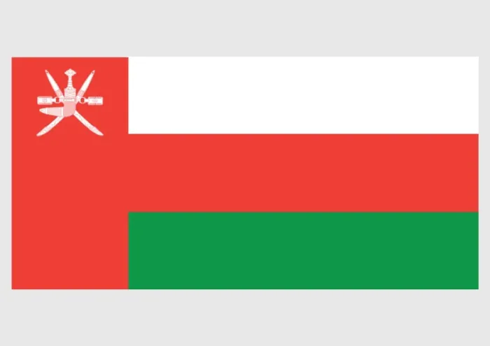 Framed Print : Illustration of national flag of Oman, with three white, green, and red stripes on field and red bar bearing national emblem of Oman Framed Print : Illustration of national flag of Oman, with three white, green, and red stripes on field and red bar bearing national emblem of Oman