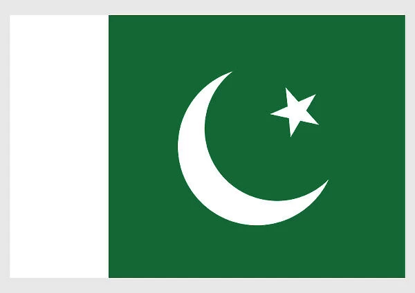 Illustration of national flag of Pakistan, with white star and crescent on dark green field, and vertical white stripe at hoist