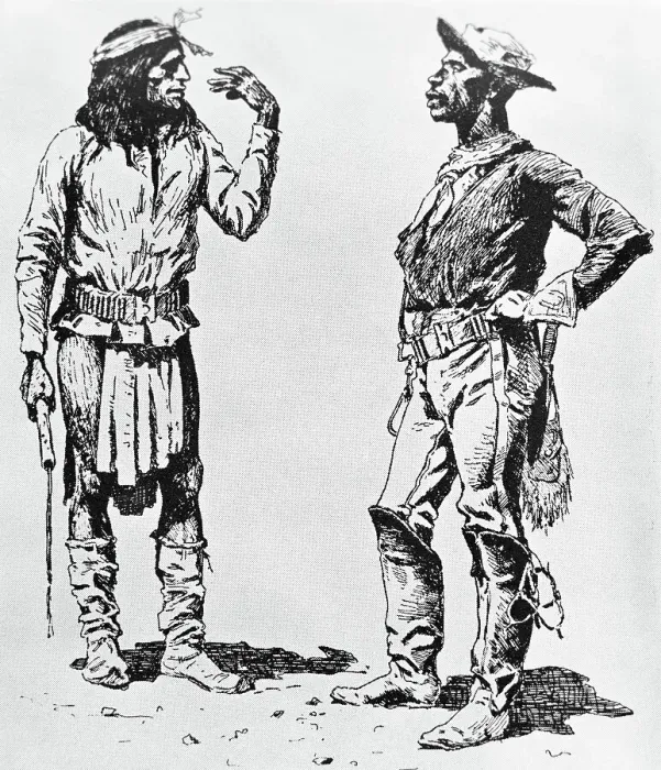Framed Print : Illustration of Native American Communicating in Sign Language to Black Cavalryman by Frederic Remington Framed Print : Illustration of Native American Communicating in Sign Language to Black Cavalryman by Frederic Remington