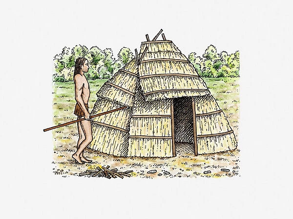 Illustration of Native American standing outside hut in prehistoric Icehouse Bottom, Monroe County, Tennessee