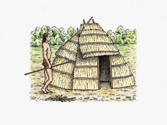 Framed Print : Illustration of Native American standing outside hut in prehistoric Icehouse Bottom, Monroe County, Tennessee Framed Print : Illustration of Native American standing outside hut in prehistoric Icehouse Bottom, Monroe County, Tennessee