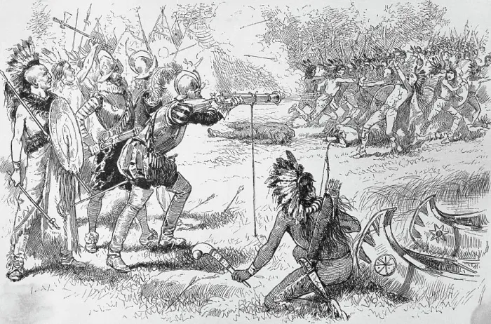 Framed Print : Illustration of Native Americans Fighting with Samuel de Champlain Party Framed Print : Illustration of Native Americans Fighting with Samuel de Champlain Party