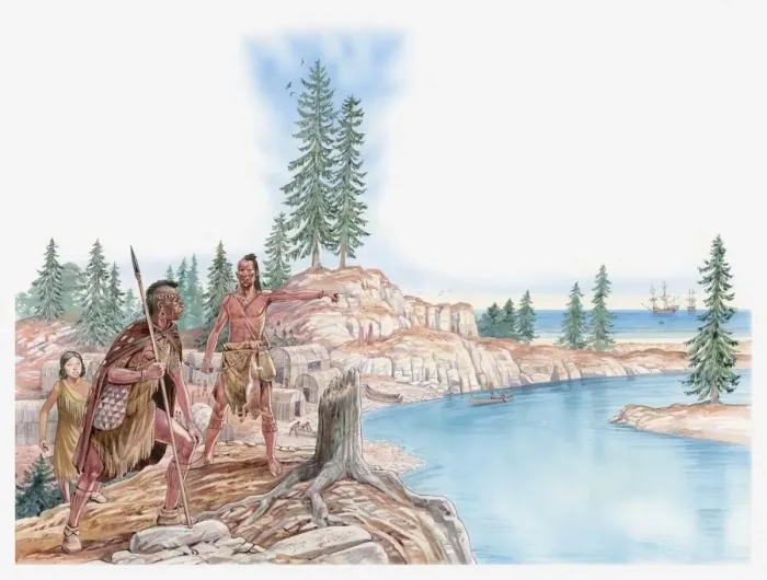 Framed Print : Illustration of Native Americans pointing with young Pocahontas standing behind Framed Print : Illustration of Native Americans pointing with young Pocahontas standing behind