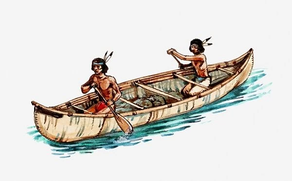 Illustration of Native Americans rowing bark canoe