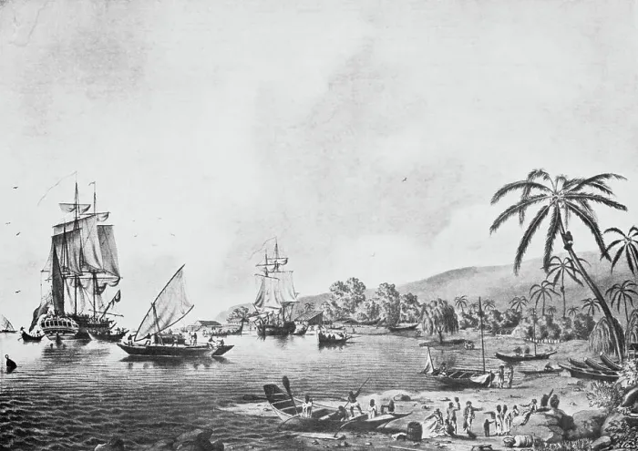 Framed Print : Illustration of Natives and Boats Along Shore in New Zealand Framed Print : Illustration of Natives and Boats Along Shore in New Zealand
