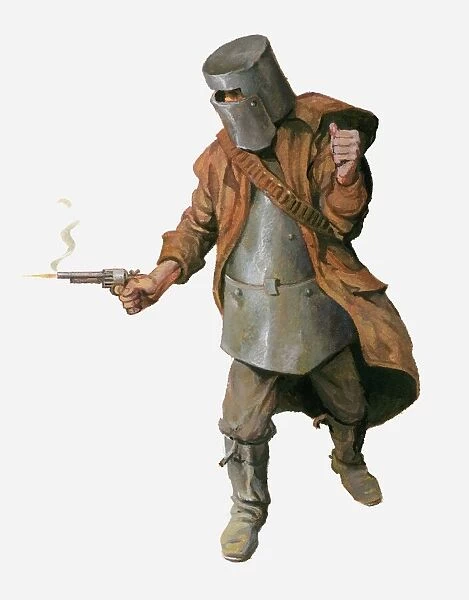 Illustration of Ned Kelly wearing home made armour and shooting handgun