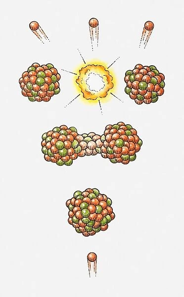 Illustration of neutron hitting Uranium-235 nucleus, nucleus becoming unstable and splitting, releasing energy and neutrons (nuclear fission)