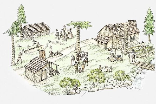 Illustration of New England pilgrim settlement