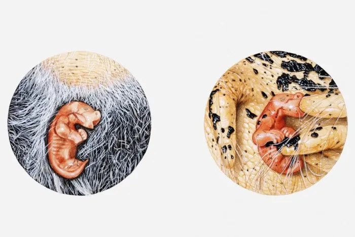Framed Print : Illustration of newborn wallaby shown crawling up its mothers stomach fur to reach pouch, and suckling inside pouch Framed Print : Illustration of newborn wallaby shown crawling up its mothers stomach fur to reach pouch, and suckling inside pouch