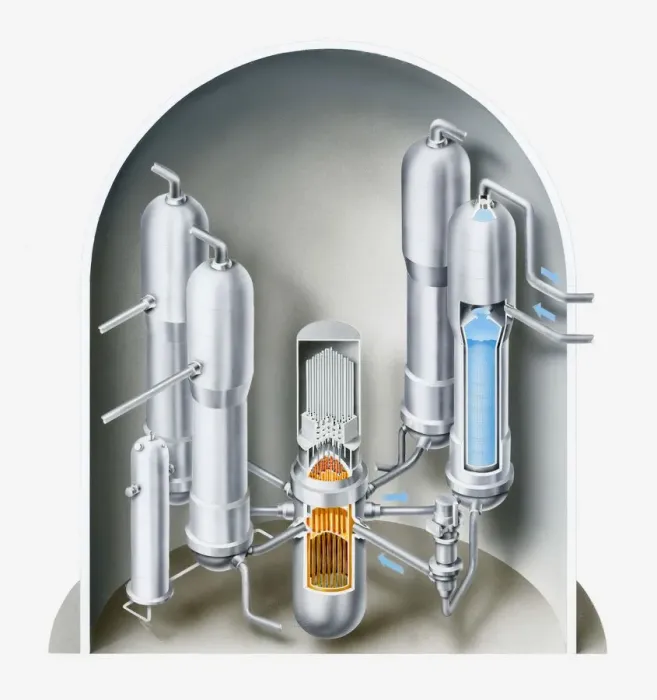 Framed Print : Illustration of nuclear fission reactor showing the water pressuriser, control rod mechanism, core, coolant pump, steam generator