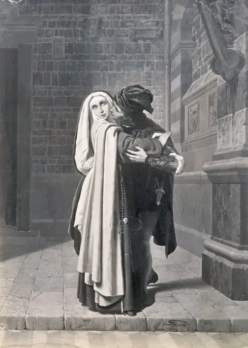 Framed Print : Illustration of a Nun and Gentleman as Intimate Couple in the Dark Framed Print : Illustration of a Nun and Gentleman as Intimate Couple in the Dark