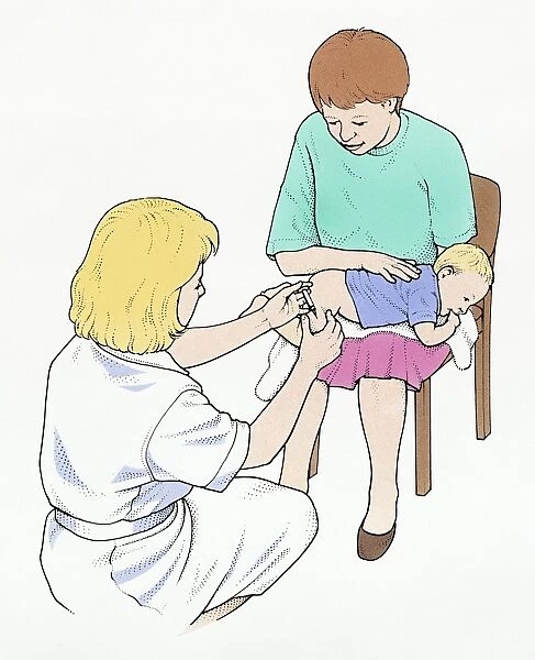 Illustration of nurse injecting vaccination in to leg of baby held by mother