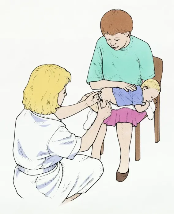 Framed Print : Illustration of nurse injecting vaccination in to leg of baby held by mother