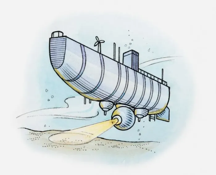 Framed Print : Illustration of observation submarine illuminating sea bed Framed Print : Illustration of observation submarine illuminating sea bed
