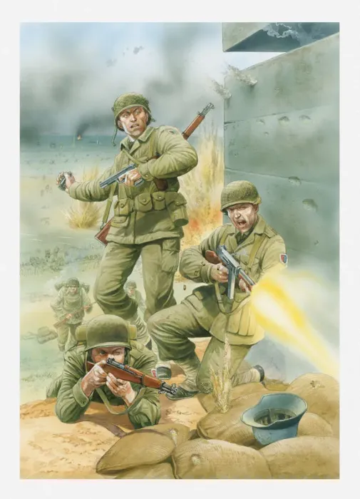 Framed Print : Illustration of of American soldiers firing rifles and throwing grenades next to German bunker during D Day landing on Omaha