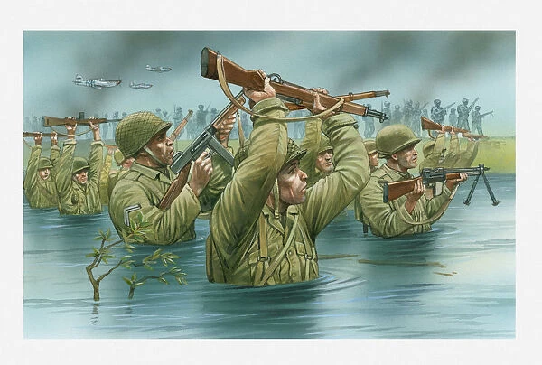 Illustration of of American soldiers wading waist deep in water with rifles held aloft during D Day landing on Utah Beach