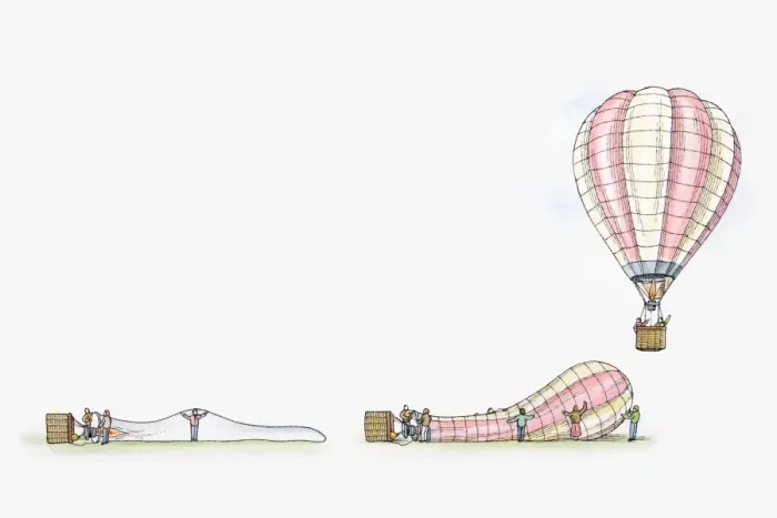 Framed Print : Illustration of of deflated, inflating and inflated hot air balloon Framed Print : Illustration of of deflated, inflating and inflated hot air balloon