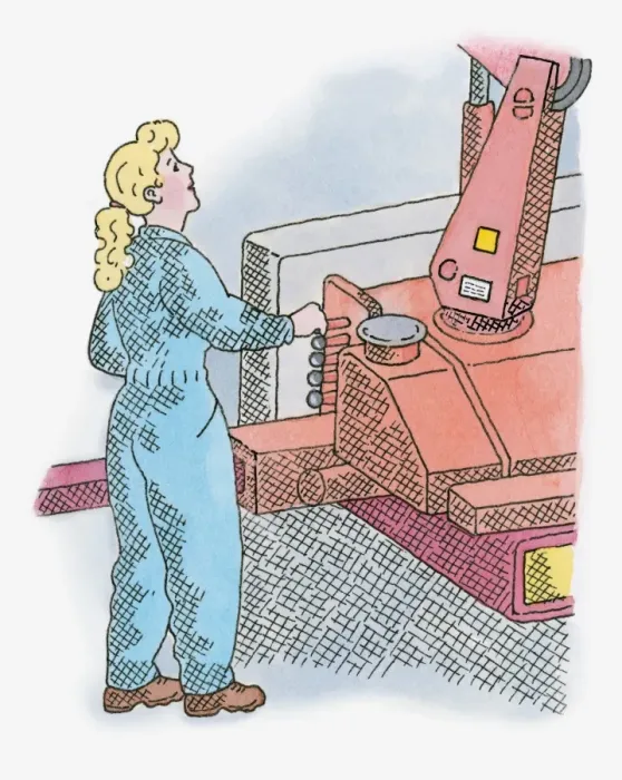 Framed Print : Illustration of of young women operating unloading crane Framed Print : Illustration of of young women operating unloading crane