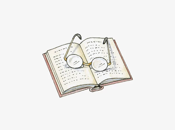 Illustration of old fashioned pair of glasses on open pages of hardback book