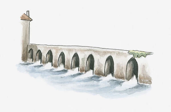 Illustration of old Roman bridge at La Sauvetat-du-Dropt, Pays du Dropt, Lot-et-Garonne, France