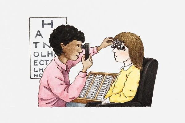 Illustration of optician doing an eye test on a patient
