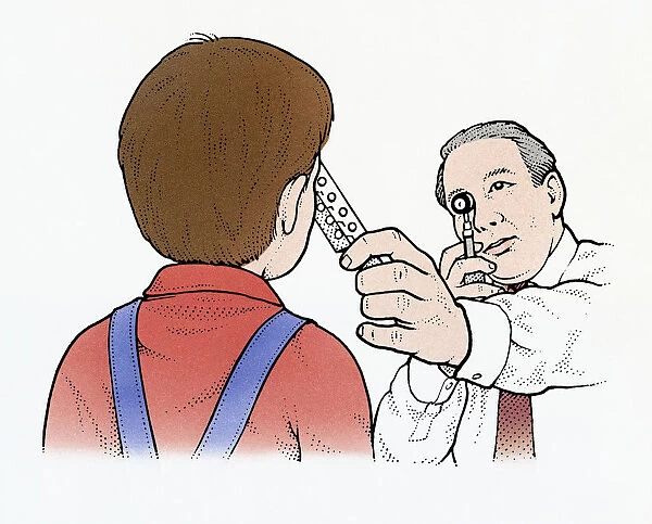 Illustration of optician looking at boys eye through ophthalmoscope