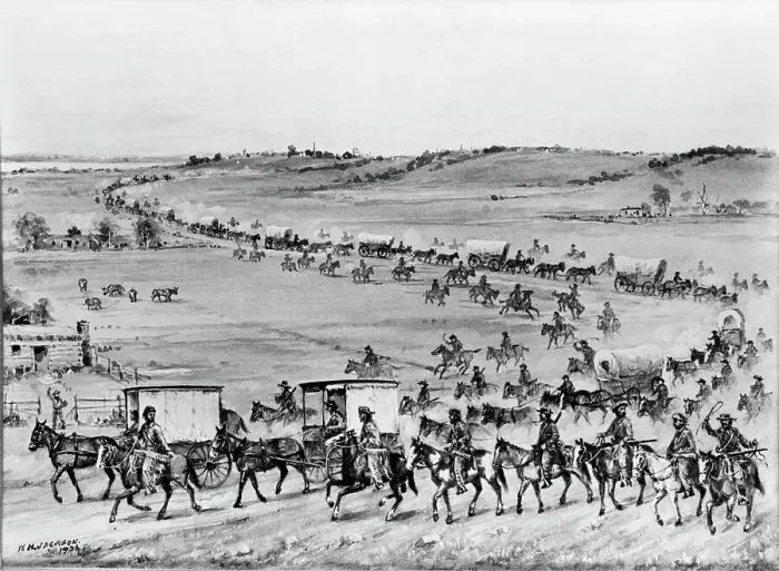 Framed Print : Illustration of Oregon Trail Wagon Caravan